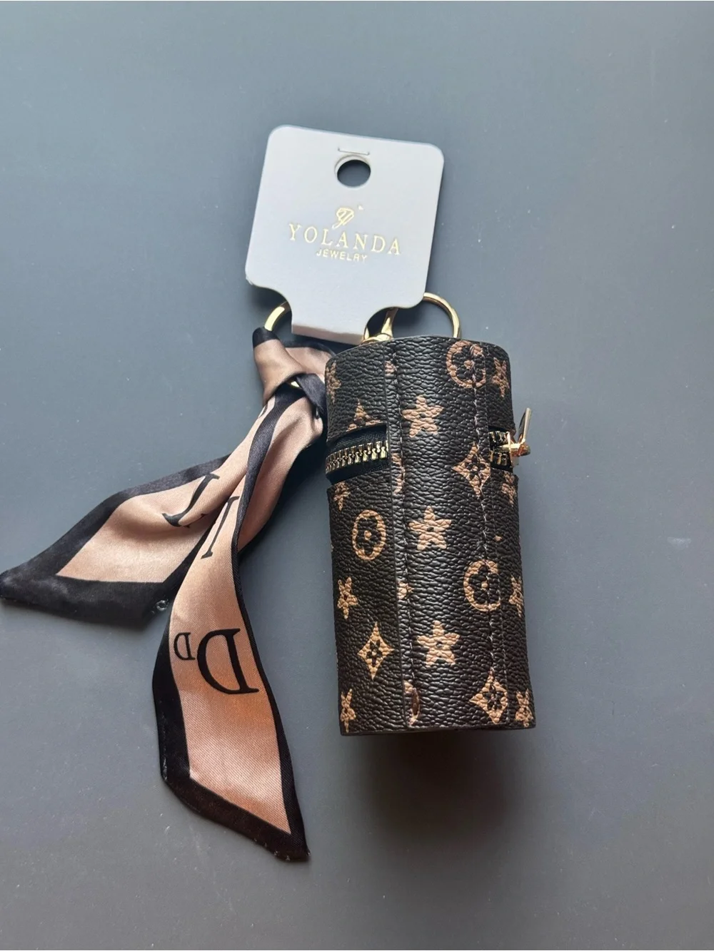 NIP Brown Leather Bag Charm Lipstick Holder Coin Pouch Key Ring Mini Wallet